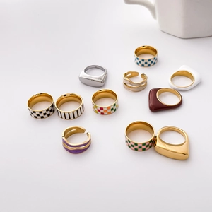 Geometric Enamel Checkerboard Double Layer Rings Stainless Steel Retro Minimalist Irregular Finger Jewelry For Women