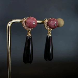 Vintage style round stone and drop earrings with pink marble beads and gold crystals