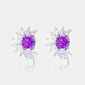 925 Sterling Silver Purple Rhinestone Flower Stud Earrings For Women Sweet Oval Marquise Crystal Earrings Elegant Jewelry Gift