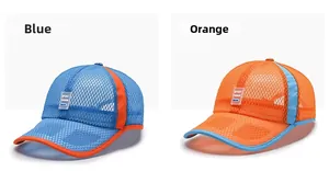 Detail of mesh baseball caps in blue and orange showing breathable honeycomb fabric texture