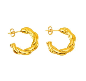 Detailed view of 18K gold plated stainless steel hoop earrings with a twisted rope design