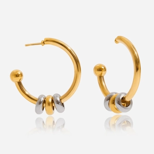C-Shaped Hoop Earrings Stainless Steel 18K Gold Plated Bicolor Sliding Beads Minimalist Geometric Jewelry For Women