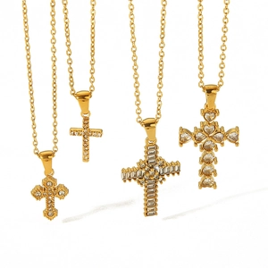 Exaggerated stainless steel 18k gold cross pendant necklaces with dazzling cubic zirconia