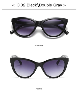 Dual view of black cat eye sunglasses featuring purple gradient lenses and thick frame