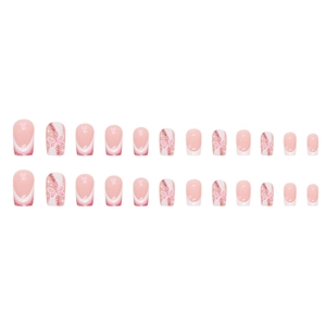 Pink press-on nails set with glitter hearts, butterflies and white French tips