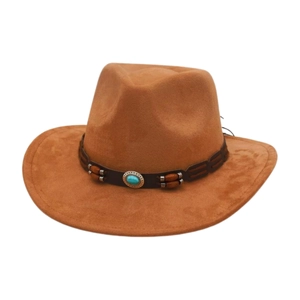Cappello Da Cowboy Occidentale Da Donna Scamosciato Tesa Larga Stile Boho Rétro Con Fascia Decorativa In Turchese E Legno