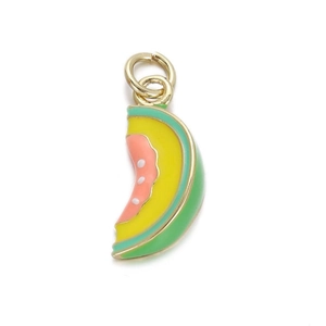 Minimalist copper enamel watermelon charm pendant in green and yellow for DIY jewelry making