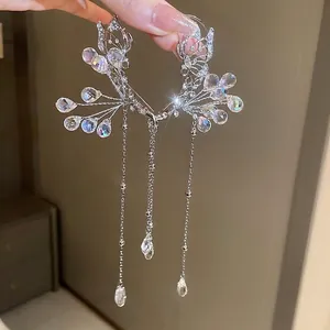 Exquisite silver flower tassel ear cuff with sparkling crystals and teardrop pendants