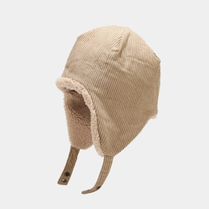 Close-up of khaki corduroy trapper hat with thick cream faux lamb wool lining detail