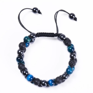 Blue Tiger Eye and Lava Stone double layer braided beaded bracelet for men
