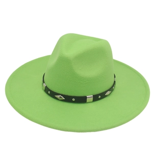 Detail of neon green fedora hat featuring a black band with silver diamond metal studs