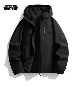 Detail of obsidian black jacket featuring double zipper system and adjustable hood