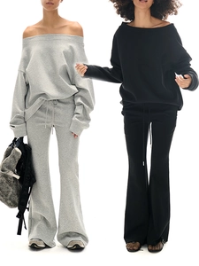 Women Off Shoulder Sweatshirt And Wide Leg Pants Cotton Blend Long Sleeve Solid Color Casual Lounge Wear