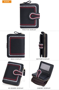 Multi-angle view of black leather wallet with embroidery detail and accordion card slots