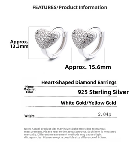 Detailed size chart of 925 sterling silver heart hoop earrings with dimensions and weight