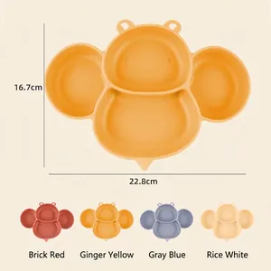 Cartoon bee silicone divided plates for kids in four Morandi colors with 22.8cm size mark