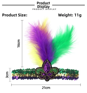 Detailed dimensions of the purple, gold, and green Mardi Gras feather sequin headband