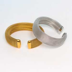 Elegant Mesh Braided Bangle Bracelet For Women Stainless Steel Open Cuff C Shaped Adjustable Fashion Jewelry Accessory