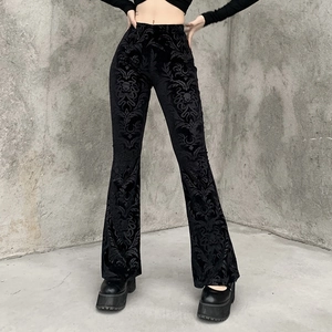 Women's Gothic Embossed Velvet Flare Pants High Waist Vintage Baroque Pattern Slim Fit Trousers Streetwear Bottoms Black