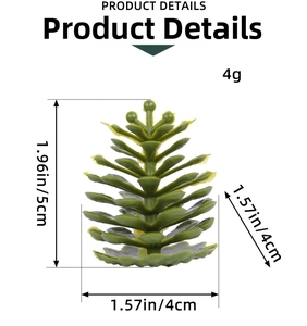 Close-up of green artificial pine cone decoration showing 5cm height and 4g weight details