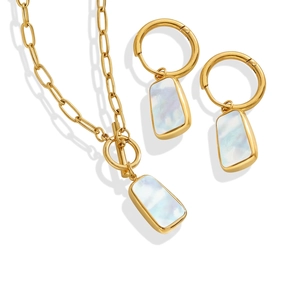 Parure De Bijoux Collier Et Boucles D'Oreilles Pendentif Nacre Rectangulaire Acier Titane Plaqué Or 18K Fermoir À Bascule