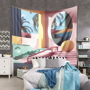 Bohemian surrealist tapestry with pink stairs and palm trees on a bedroom wall