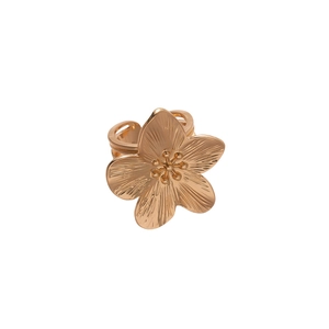 Gold-plated adjustable open ring with pleated five-petal flower design and metallic beads