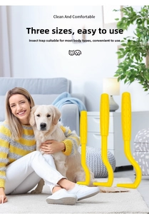 Three sizes of bright yellow plastic tick removal hooks for dogs and cats in a 3-piece set