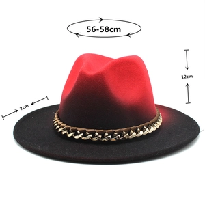 Detailed view of red-black gradient wool fedora hat with size dimensions 56-58cm