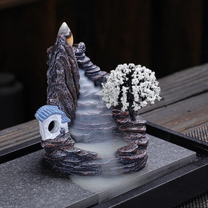 Resin backflow incense burner with mountain landscape and waterfall smoke effect