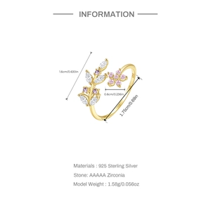 Detailed view of leaf ring specifications with dimensions and S925 silver material