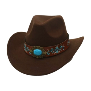 Detail of dark brown felt cowboy hat with leather band, blue stones and floral embroidery
