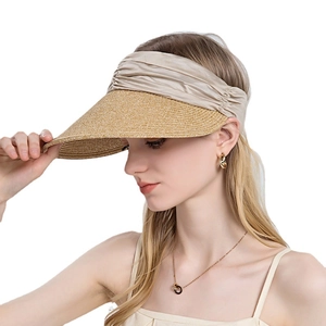 Women's woven straw sun visor hat with beige satin elastic band for outdoor beach use