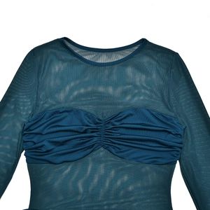 Detailed view of the dark teal mesh dress showing the ruched chest and crew neck design