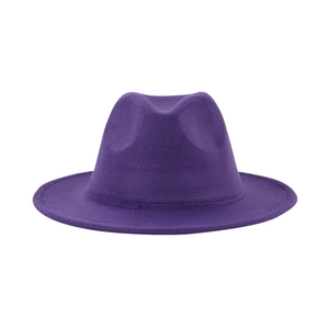 Detail of a purple wool fedora hat featuring a classic indented crown and flat wide brim