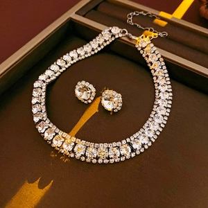 Exquisite silver choker necklace and round stud earring set with pavé rhinestones