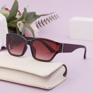 Women's minimalist oversized square sunglasses with burgundy gradient lenses and brown frame