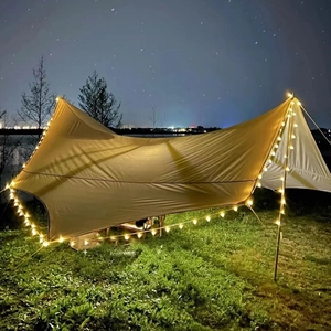LED globe string lights on a beige camping tent under a starry night sky by the lake