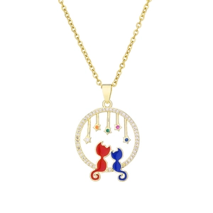Golden cat pendant necklace with enamel kittens and colorful star charms on a fine chain