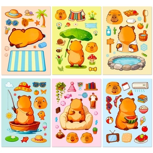 Detailed sheet of six cartoon capybara DIY scene stickers for creative children early learning
