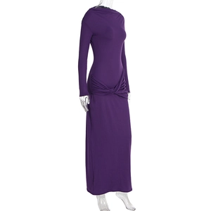 Detail view of deep purple long sleeve dress with ruched waist and cowl neckline