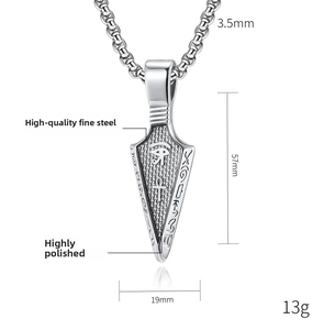 Detailed engraving of Eye of Horus and Ankh on stainless steel arrowhead pendant necklace