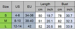 Guide des tailles pour t-shirt femme avec mesures US et EU en cm et pouces précis