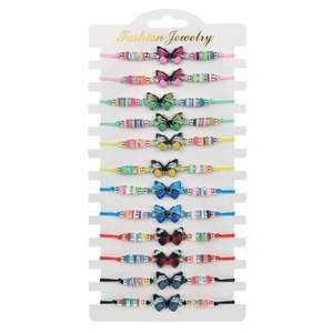 Colorful 12-piece butterfly woven bracelets with rhinestones and heishi beads