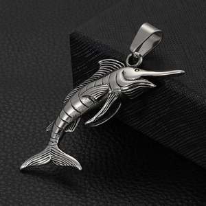 Silver stainless steel tuna pendant necklace with detailed marlin fish design
