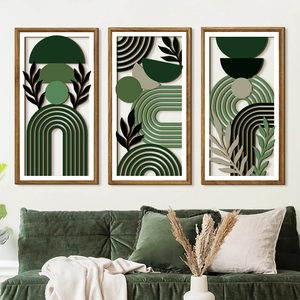 Lot de 3 décorations murales bohèmes en bois avec formes géométriques vertes et motifs de feuilles