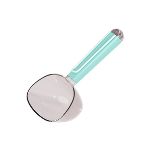 Pala gris para comida de mascotas con mango verde menta y clip para gatos y perros