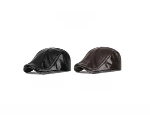 Detail view of black and coffee brown PU leather flat caps with stitching and texture