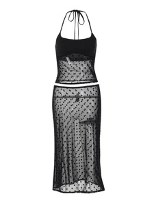 Ensemble sexy deux pièces en mesh noir à pois avec haut licou et jupe mi-longue
