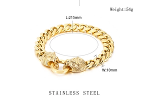 Detailed size chart for golden lion head Cuban chain bracelet in stainless steel